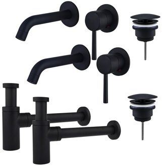 FortiFura Calvi Slim Wastafelkraanset - voor dubbele wastafel - inbouw wastafelkraan - always open plug - design sifon - Mat zwart 2x SW377837/2x SW696205/2x SW696210 Zwart mat