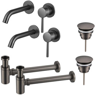 FortiFura Calvi Slim Wastafelkraanset - voor dubbele wastafel - inbouw wastafelkraan - always open plug - verlaagde design sifon - Geborsteld Gunmetal PVD 2x SW766534/2x SW769487/2x SW767295 Gunmetal geborsteld (antraciet)