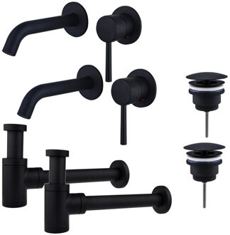 FortiFura Calvi Slim Wastafelkraanset - voor dubbele wastafel - inbouw wastafelkraan - always open plug - verlaagde design sifon - Mat zwart 2x SW377837/2x SW696205/2x SW696215 Zwart mat