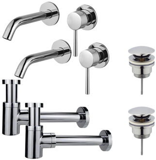 FortiFura Calvi Slim Wastafelkraanset - voor dubbele wastafel - inbouw wastafelkraan - klikwaste plug - verlaagde design sifon - Chroom 2x SW377814/2x SW696203/2x SW696219