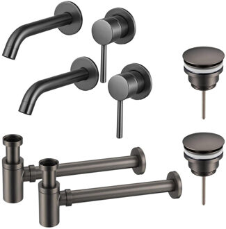 FortiFura Calvi Slim Wastafelkraanset - voor dubbele wastafel - inbouw wastafelkraan - klikwaste plug - verlaagde design sifon - Geborsteld Gunmetal PVD 2x SW766534/2x SW767288/2x SW767295 Gunmetal geborsteld (antraciet)