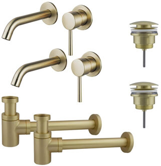FortiFura Calvi Slim Wastafelkraanset - voor dubbele wastafel - inbouw wastafelkraan - klikwaste plug - verlaagde design sifon - Geborsteld Messing PVD (Goud) 2x SW1171115/2x SW696202/2x SW696218 Messing geborsteld (goud)