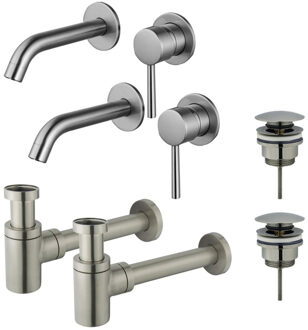 FortiFura Calvi Slim Wastafelkraanset - voor dubbele wastafel - inbouw wastafelkraan - klikwaste plug - verlaagde design sifon - Geborsteld RVS PVD (RVS) 2x SW377860/2x SW696201/2x SW696217 RVS geborsteld