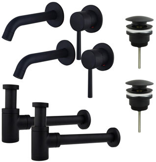 FortiFura Calvi Slim Wastafelkraanset - voor dubbele wastafel - inbouw wastafelkraan - klikwaste plug - verlaagde design sifon - Mat zwart 2x SW377837/2x SW696199/2x SW696215 Zwart mat