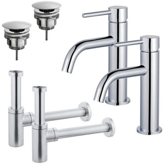 FortiFura Calvi Slim Wastafelkraanset - voor dubbele wastafel - lage wastafelkraan - always open plug - design sifon - Chroom 2x SW377812/2x SW696209/2x SW696214