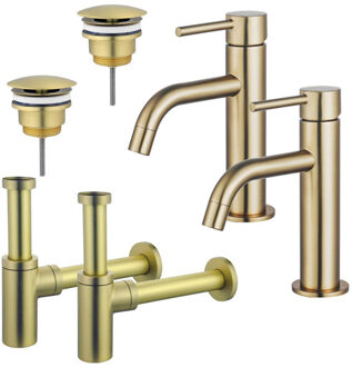 FortiFura Calvi Slim Wastafelkraanset - voor dubbele wastafel - lage wastafelkraan - always open plug - design sifon - Geborsteld Messing PVD (Goud) 2x SW720545/2x SW696208/2x SW696213 Messing geborsteld (goud)