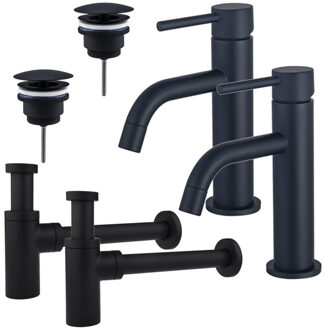 FortiFura Calvi Slim Wastafelkraanset - voor dubbele wastafel - lage wastafelkraan - always open plug - design sifon - Mat zwart 2x SW377835/2x SW696205/2x SW696210 Zwart mat