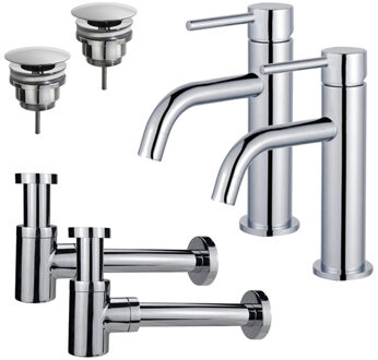 FortiFura Calvi Slim Wastafelkraanset - voor dubbele wastafel - lage wastafelkraan - always open plug - verlaagde design sifon - Chroom 2x SW377812/2x SW696209/2x SW696219