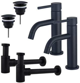 FortiFura Calvi Slim Wastafelkraanset - voor dubbele wastafel - lage wastafelkraan - always open plug - verlaagde design sifon - Mat zwart 2x SW377835/2x SW696205/2x SW696215 Zwart mat