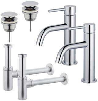 FortiFura Calvi Slim Wastafelkraanset - voor dubbele wastafel - lage wastafelkraan - klikwaste plug - design sifon - Chroom 2x SW377812/2x SW696203/2x SW696214