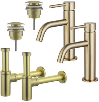 FortiFura Calvi Slim Wastafelkraanset - voor dubbele wastafel - lage wastafelkraan - klikwaste plug - design sifon - Geborsteld Messing PVD (Goud) 2x SW720545/2x SW696202/2x SW696213 Messing geborsteld (goud)