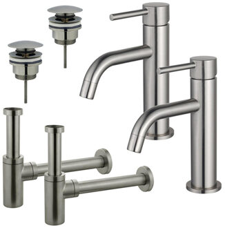 FortiFura Calvi Slim Wastafelkraanset - voor dubbele wastafel - lage wastafelkraan - klikwaste plug - design sifon - Geborsteld RVS PVD (RVS) 2x SW377858/2x SW696201/2x SW696212 RVS geborsteld