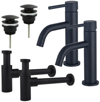 FortiFura Calvi Slim Wastafelkraanset - voor dubbele wastafel - lage wastafelkraan - klikwaste plug - design sifon - Mat zwart 2x SW377835/2x SW696199/2x SW696210 Zwart mat