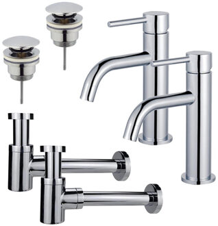 FortiFura Calvi Slim Wastafelkraanset - voor dubbele wastafel - lage wastafelkraan - klikwaste plug - verlaagde design sifon - Chroom 2x SW377812/2x SW696203/2x SW696219