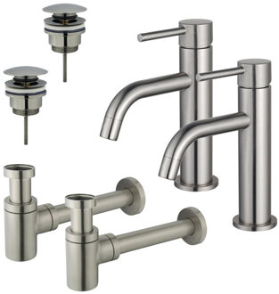 FortiFura Calvi Slim Wastafelkraanset - voor dubbele wastafel - lage wastafelkraan - klikwaste plug - verlaagde design sifon - Geborsteld RVS PVD (RVS) 2x SW377858/2x SW696201/2x SW696217 RVS geborsteld