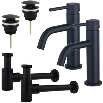FortiFura Calvi Slim Wastafelkraanset - voor dubbele wastafel - lage wastafelkraan - klikwaste plug - verlaagde design sifon - Mat zwart 2x SW377835/2x SW696199/2x SW696215 Zwart mat