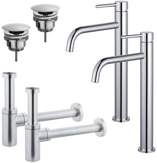 FortiFura Calvi Slim Wastafelkraanset - voor dubbele wastafel - verhoogde wastafelkraan - always open plug - design sifon - Chroom 2x SW377813/2x SW696209/2x SW696214