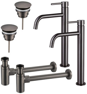 FortiFura Calvi Slim Wastafelkraanset - voor dubbele wastafel - verhoogde wastafelkraan - always open plug - design sifon - Geborsteld Gunmetal PVD 2x SW766539/2x SW769487/2x SW767297 Gunmetal geborsteld (antraciet)