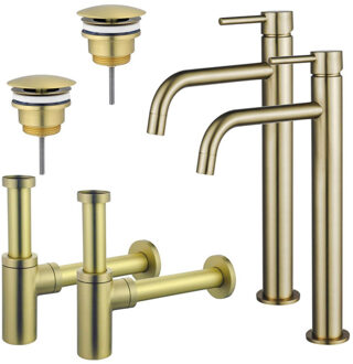 FortiFura Calvi Slim Wastafelkraanset - voor dubbele wastafel - verhoogde wastafelkraan - always open plug - design sifon - Geborsteld Messing PVD (Goud) 2x SW720546/2x SW696208/2x SW696213 Messing geborsteld (goud)