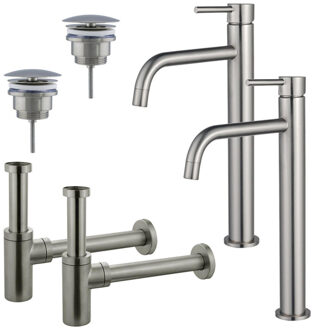 FortiFura Calvi Slim Wastafelkraanset - voor dubbele wastafel - verhoogde wastafelkraan - always open plug - design sifon - Geborsteld RVS PVD (RVS) 2x SW377859/2x SW696207/2x SW696212 RVS geborsteld