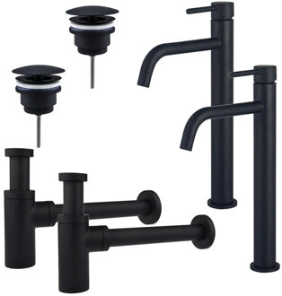 FortiFura Calvi Slim Wastafelkraanset - voor dubbele wastafel - verhoogde wastafelkraan - always open plug - design sifon - Mat zwart 2x SW377836/2x SW696205/2x SW696210 Zwart mat