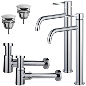 FortiFura Calvi Slim Wastafelkraanset - voor dubbele wastafel - verhoogde wastafelkraan - always open plug - verlaagde design sifon - Chroom 2x SW377813/2x SW696209/2x SW696219