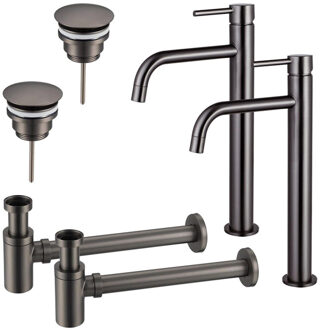 FortiFura Calvi Slim Wastafelkraanset - voor dubbele wastafel - verhoogde wastafelkraan - always open plug - verlaagde design sifon - Geborsteld Gunmetal PVD 2x SW766539/2x SW769487/2x SW767295 Gunmetal geborsteld (antraciet)