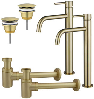 FortiFura Calvi Slim Wastafelkraanset - voor dubbele wastafel - verhoogde wastafelkraan - always open plug - verlaagde design sifon - Geborsteld Messing PVD (Goud) 2x SW720546/2x SW696208/2x SW696218 Messing geborsteld (goud)