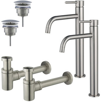 FortiFura Calvi Slim Wastafelkraanset - voor dubbele wastafel - verhoogde wastafelkraan - always open plug - verlaagde design sifon - Geborsteld RVS PVD (RVS) 2x SW377859/2x SW696207/2x SW696217 RVS geborsteld