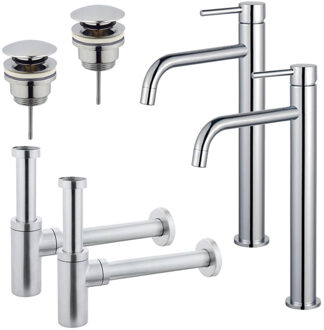 FortiFura Calvi Slim Wastafelkraanset - voor dubbele wastafel - verhoogde wastafelkraan - klikwaste plug - design sifon - Chroom 2x SW377813/2x SW696203/2x SW696214