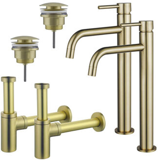 FortiFura Calvi Slim Wastafelkraanset - voor dubbele wastafel - verhoogde wastafelkraan - klikwaste plug - design sifon - Geborsteld Messing PVD (Goud) 2x SW720546/2x SW696202/2x SW696213 Messing geborsteld (goud)