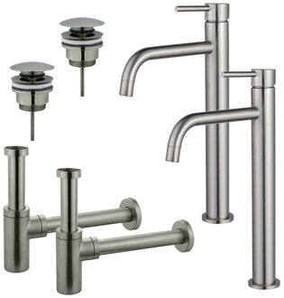 FortiFura Calvi Slim Wastafelkraanset - voor dubbele wastafel - verhoogde wastafelkraan - klikwaste plug - design sifon - Geborsteld RVS PVD (RVS) 2x SW377859/2x SW696201/2x SW696212 RVS geborsteld