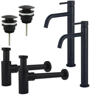FortiFura Calvi Slim Wastafelkraanset - voor dubbele wastafel - verhoogde wastafelkraan - klikwaste plug - design sifon - Mat zwart 2x SW377836/2x SW696199/2x SW696210 Zwart mat
