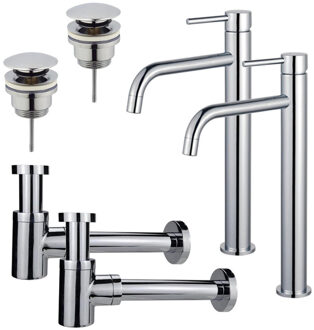 FortiFura Calvi Slim Wastafelkraanset - voor dubbele wastafel - verhoogde wastafelkraan - klikwaste plug - verlaagde design sifon - Chroom 2x SW377813/2x SW696203/2x SW696219