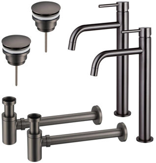 FortiFura Calvi Slim Wastafelkraanset - voor dubbele wastafel - verhoogde wastafelkraan - klikwaste plug - verlaagde design sifon - Geborsteld Gunmetal PVD 2x SW766539/2x SW767288/2x SW767295 Gunmetal geborsteld (antraciet)