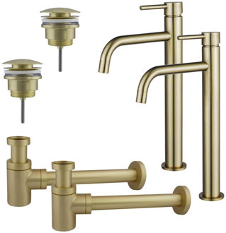FortiFura Calvi Slim Wastafelkraanset - voor dubbele wastafel - verhoogde wastafelkraan - klikwaste plug - verlaagde design sifon - Geborsteld Messing PVD (Goud) 2x SW720546/2x SW696202/2x SW696218 Messing geborsteld (goud)