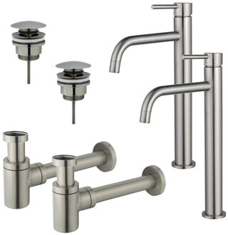 FortiFura Calvi Slim Wastafelkraanset - voor dubbele wastafel - verhoogde wastafelkraan - klikwaste plug - verlaagde design sifon - Geborsteld RVS PVD (RVS) 2x SW377859/2x SW696201/2x SW696217 RVS geborsteld