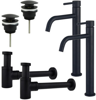 FortiFura Calvi Slim Wastafelkraanset - voor dubbele wastafel - verhoogde wastafelkraan - klikwaste plug - verlaagde design sifon - Mat zwart 2x SW377836/2x SW696199/2x SW696215 Zwart mat