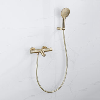FortiFura Calvi Thermostatische badkraan met ronde handdouche, handdouchehouder en gladde doucheslang Geborsteld Messing PVD (Goud) SW799449/SW720567/SW720226/SW728177 Messing geborsteld (goud)