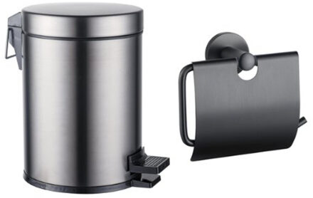 FortiFura Calvi toilet accessoireset - toiletrolhouder - met klep - pedaalemmer - 5 liter - geborsteld gunmetal SW1183147/SW1111580 Gunmetal geborsteld (antraciet)