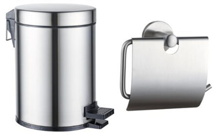 FortiFura Calvi toilet accessoireset - toiletrolhouder - met klep - pedaalemmer - 5 liter - geborsteld RVS SW1183145/SW1111578 RVS geborsteld