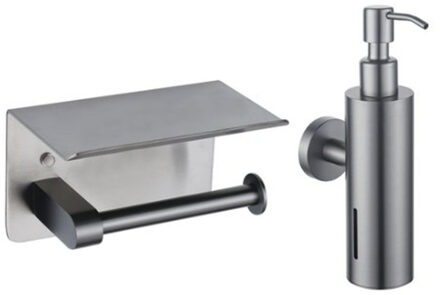 FortiFura Calvi toilet accessoireset - zeepdispenser - toiletrolhouder - met plateau - geborsteld gunmetal SW1183052/SW1111571 Gunmetal geborsteld (antraciet)