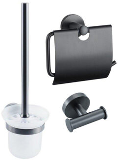 FortiFura Calvi Toiletset 3-delig - toiletrolhouder met klep - toiletborstel - handdoekhaak dubbel rond - Geborsteld Gunmetal PVD SW1183147 SW1211595 SW721173 Gunmetal geborsteld (antraciet)