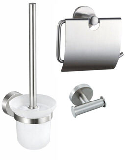 FortiFura Calvi Toiletset 3-delig - toiletrolhouder met klep - toiletborstel - handdoekhaak dubbel rond - Geborsteld RVS PVD SW1183145 SW1211589 SW639930 RVS geborsteld