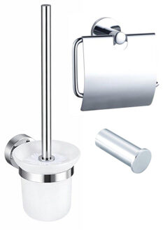 FortiFura Calvi Toiletset 3-delig - toiletrolhouder met klep - toiletborstel - handdoekhaak enkel rond - chroom SW1183142 SW1211590 SW639924