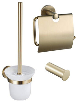 FortiFura Calvi Toiletset 3-delig - toiletrolhouder met klep - toiletborstel - handdoekhaak enkel rond - Geborsteld Messing PVD (Goud) SW1183146 SW1211588 SW639940 Messing geborsteld (goud)