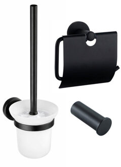 FortiFura Calvi Toiletset 3-delig - toiletrolhouder met klep - toiletborstel - handdoekhaak enkel rond - Mat Zwart SW1183143 SW1211586 SW639936 Mat zwart mat