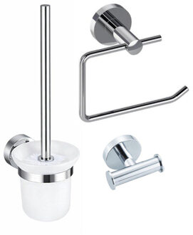 FortiFura Calvi Toiletset 3-delig - toiletrolhouder zonder klep - toiletborstel - handdoekhaak dubbel rond - chroom SW639923 SW1211583 SW639924