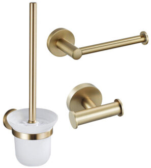 FortiFura Calvi Toiletset 3-delig - toiletrolhouder zonder klep - toiletborstel - handdoekhaak dubbel rond - Geborsteld Messing PVD (Goud) SW639940 SW639941 SW1248399 Messing geborsteld (goud)
