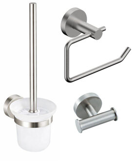 FortiFura Calvi Toiletset 3-delig - toiletrolhouder zonder klep - toiletborstel - handdoekhaak dubbel rond - Geborsteld RVS PVD SW639928 SW1211589 SW639930 RVS geborsteld